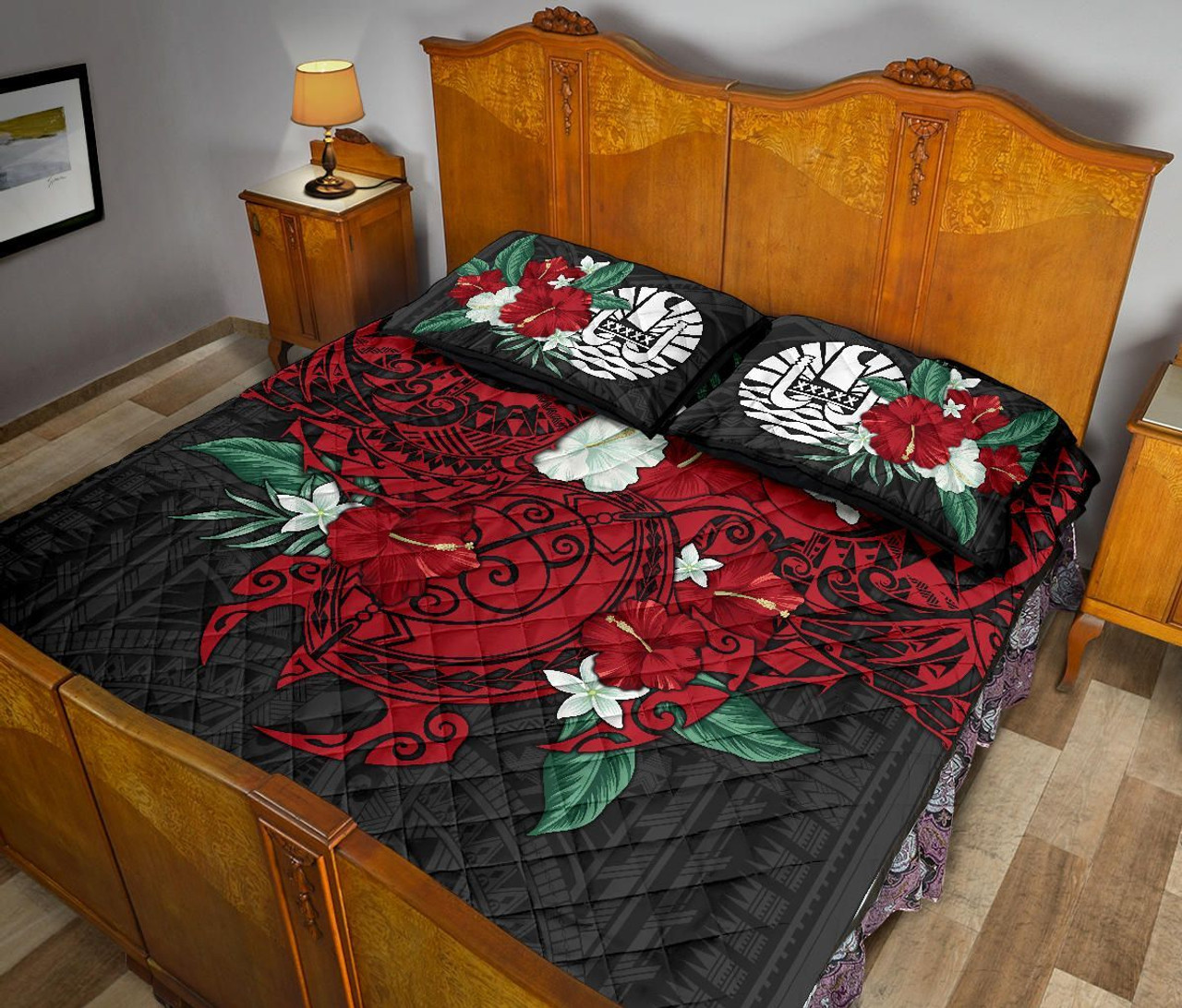 Tahiti Polynesian Quilt Bed Set - Hibiscus and Sea Turtle (Red) 4