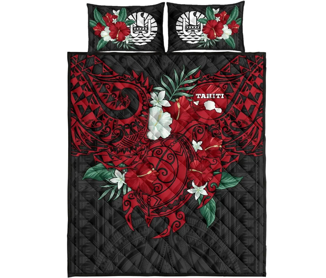 Tahiti Polynesian Quilt Bed Set - Hibiscus and Sea Turtle (Red) 5