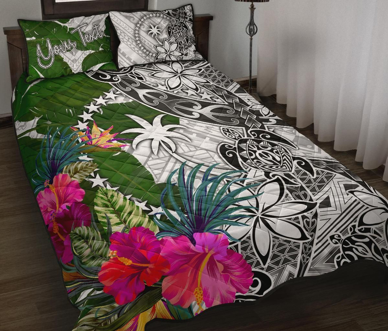 Chuuk Custom Personalised Quilt Bet Set White - Turtle Plumeria Banana Leaf 1