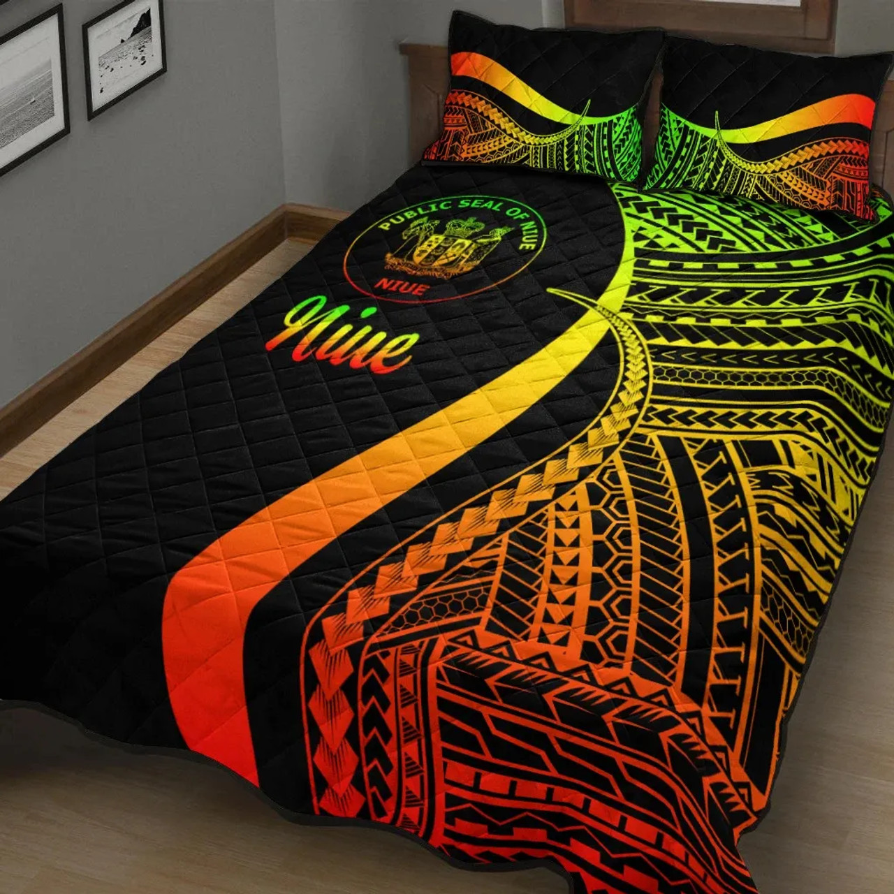 Niue Quilt Bet Set - Reggae Polynesian Tentacle Tribal Pattern 2