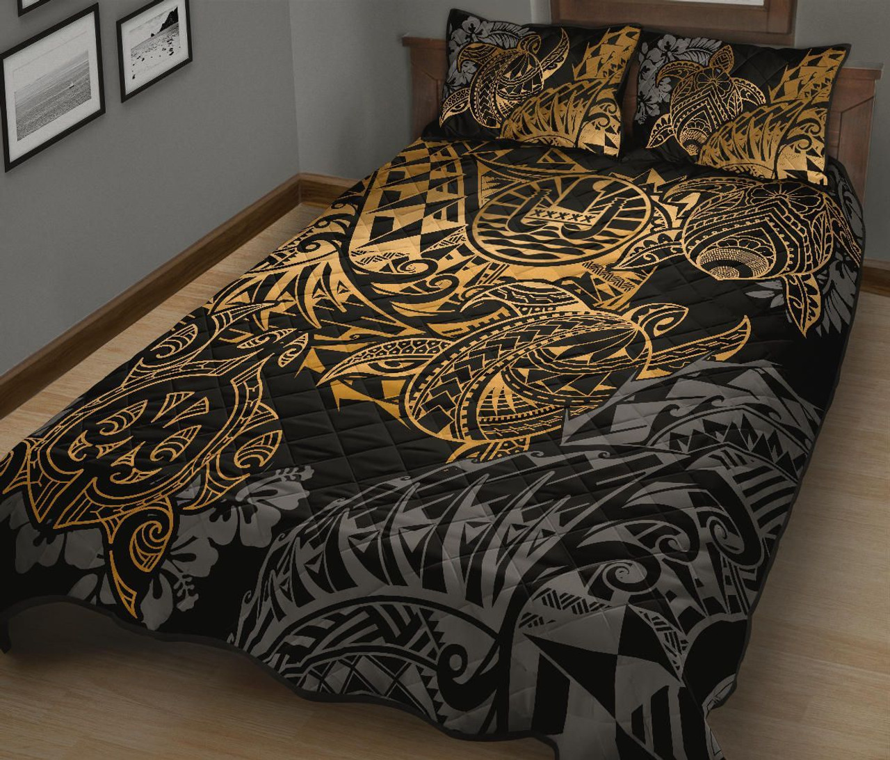 Tahiti Polynesian Quilt Bed Set - Gold Turtle Hibiscus Flowing 2