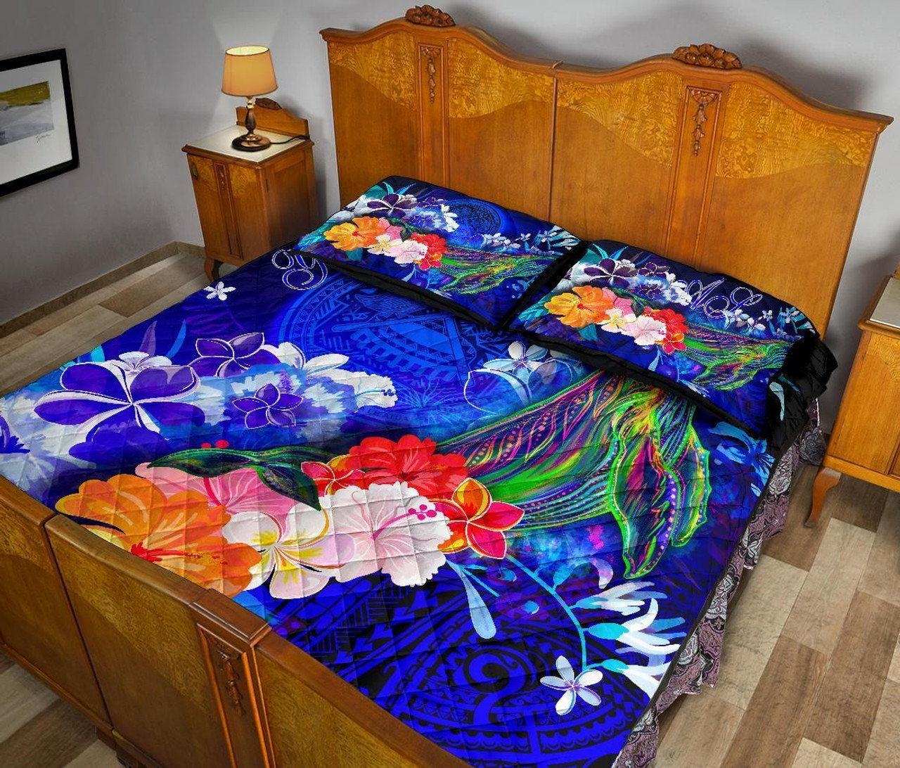 American Samoa Polynesian Custom Personalised Quilt Bed Set - Humpback Whale with Tropical Flowers (Blue) 4