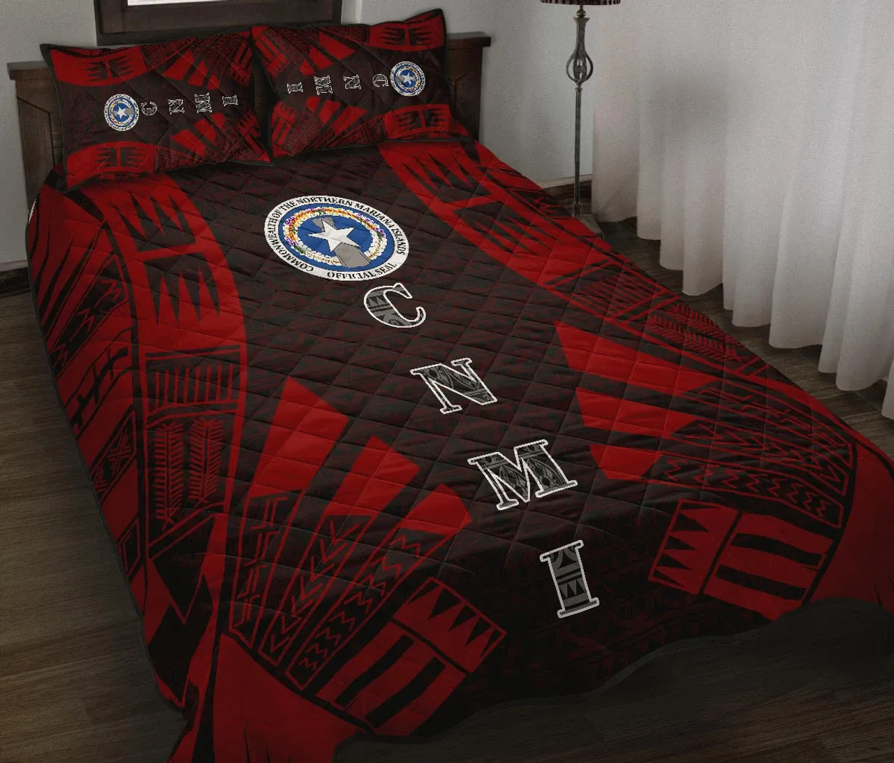 Northern Mariana Islands Quilt Bed Set - Northern Mariana Islands Seal & Polynesian Red Tattoo Style 2