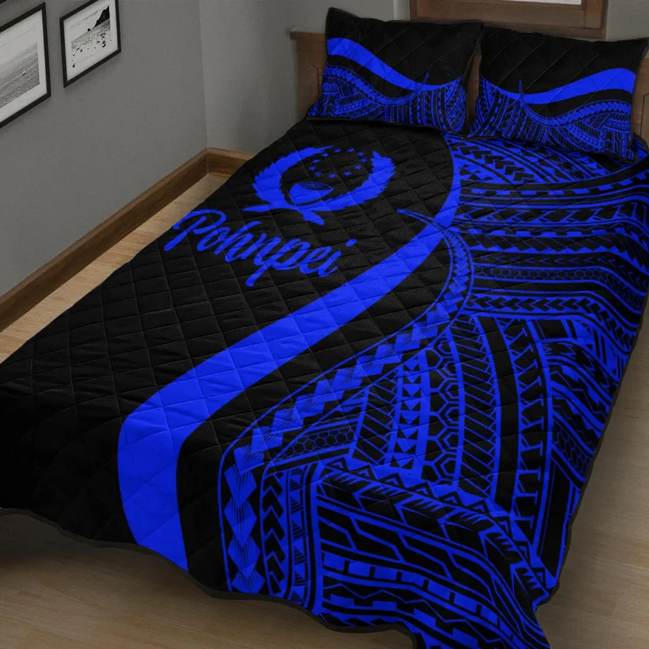 Pohnpei Quilt Bet Set - Blue Polynesian Tentacle Tribal Pattern 2