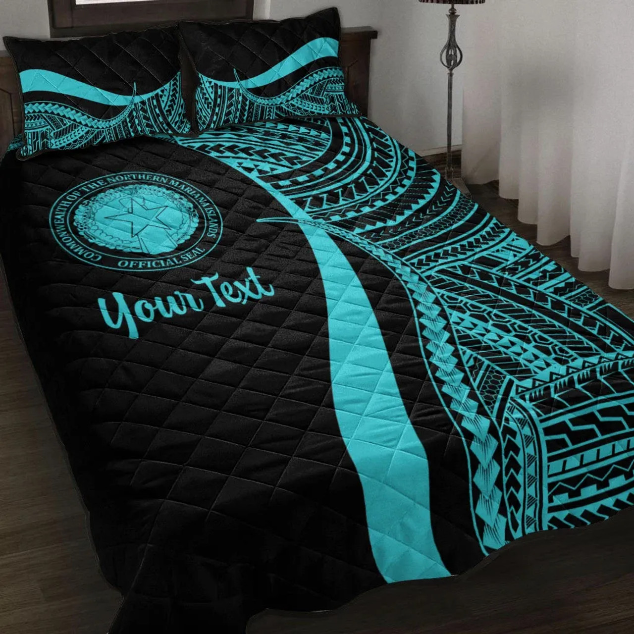 Northern Mariana Islands Custom Personalised Quilt Bet Set - Turquoise Polynesian Tentacle Tribal Pattern 1