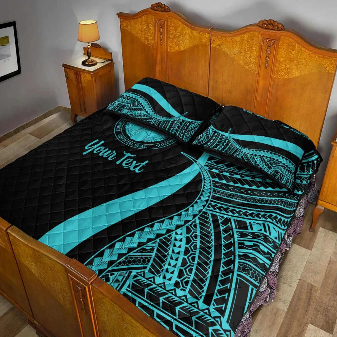 Northern Mariana Islands Custom Personalised Quilt Bet Set - Turquoise Polynesian Tentacle Tribal Pattern 4