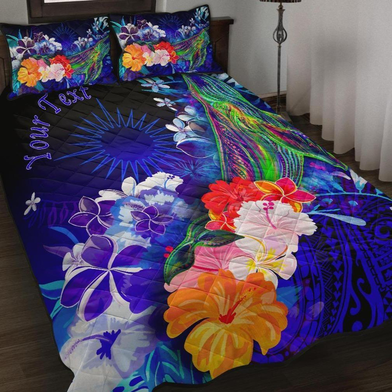 Marshall Islands Custom Personalised Quilt Bed Set - Humpback Whale with Tropical Flowers (Blue) 1