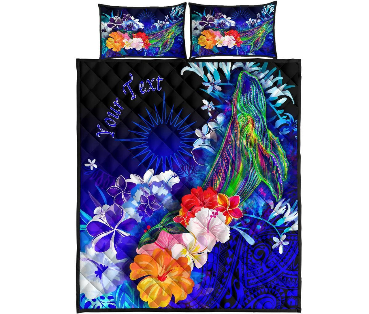 Marshall Islands Custom Personalised Quilt Bed Set - Humpback Whale with Tropical Flowers (Blue) 5