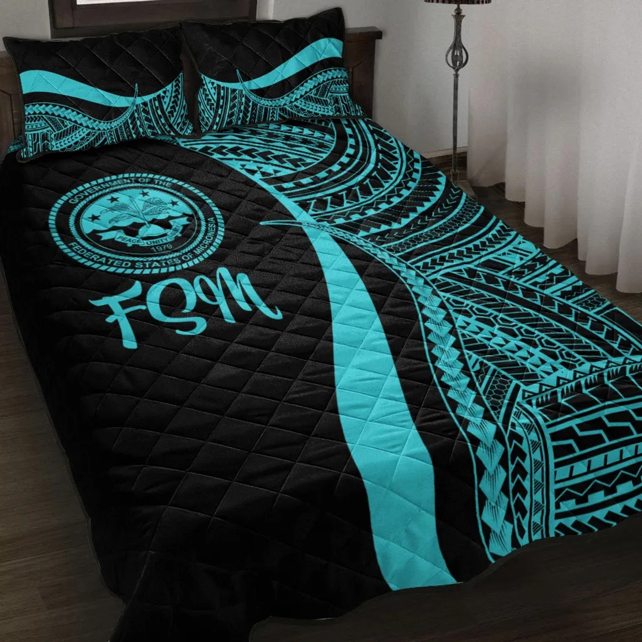 Federated States of Micronesia Quilt Bet Set - Turquoise Polynesian Tentacle Tribal Pattern 1