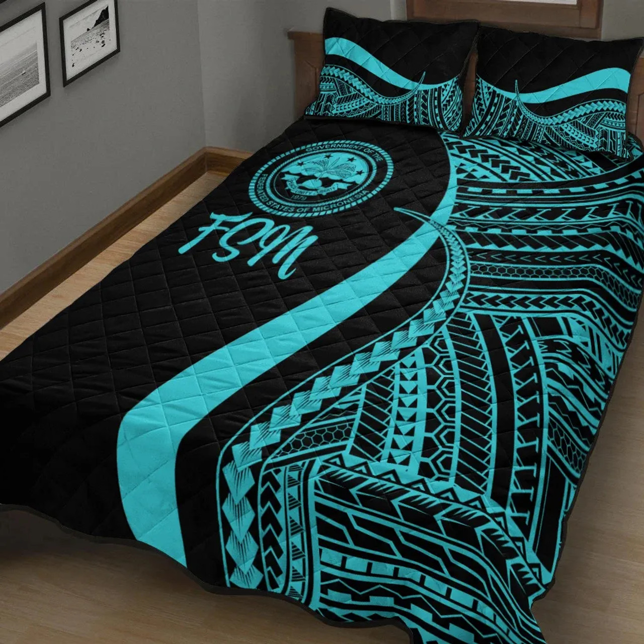 Federated States of Micronesia Quilt Bet Set - Turquoise Polynesian Tentacle Tribal Pattern 2