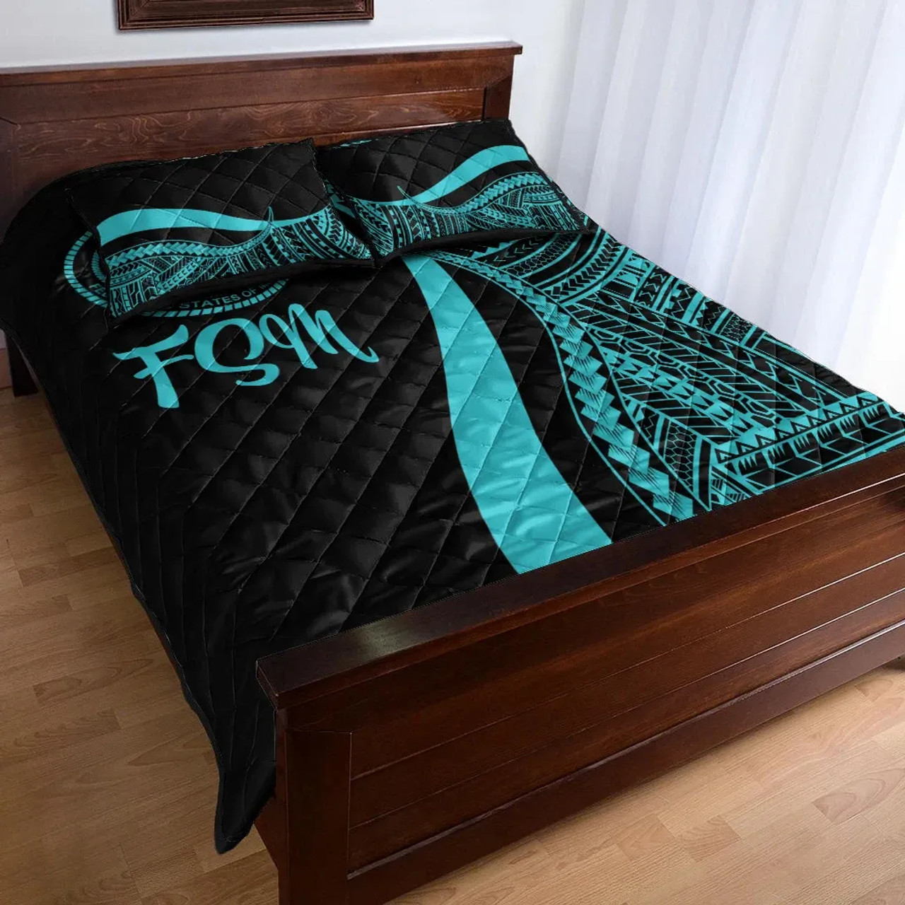 Federated States of Micronesia Quilt Bet Set - Turquoise Polynesian Tentacle Tribal Pattern 3