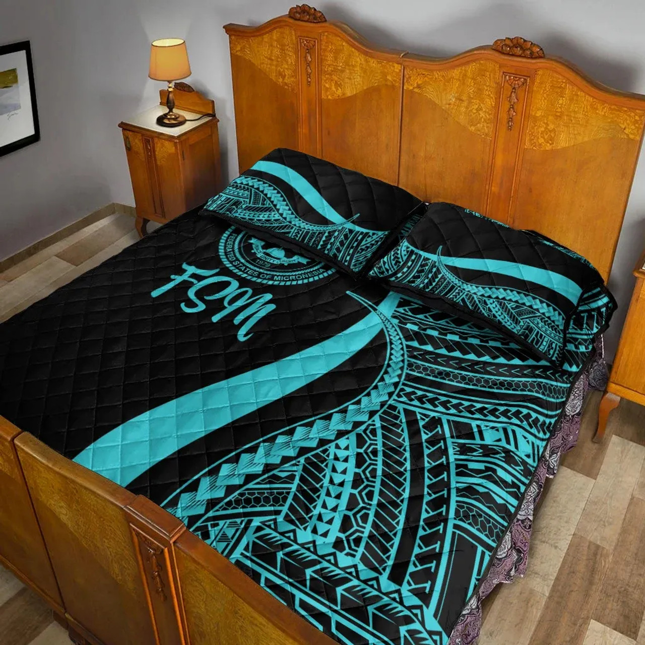 Federated States of Micronesia Quilt Bet Set - Turquoise Polynesian Tentacle Tribal Pattern 4