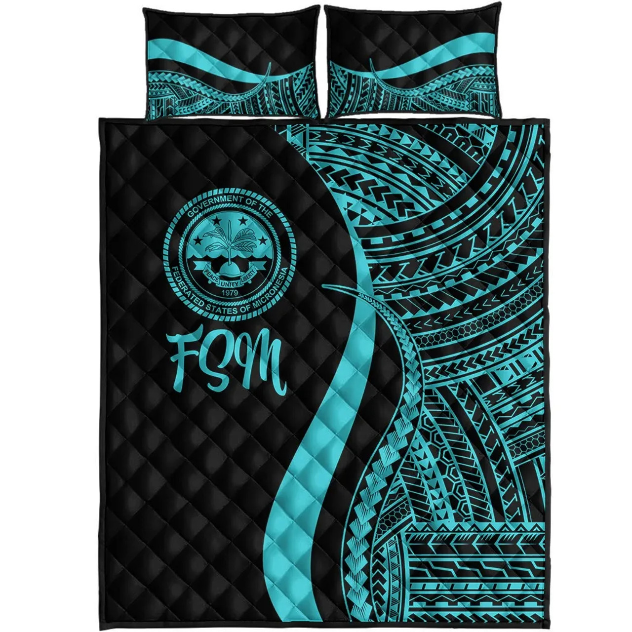 Federated States of Micronesia Quilt Bet Set - Turquoise Polynesian Tentacle Tribal Pattern 5