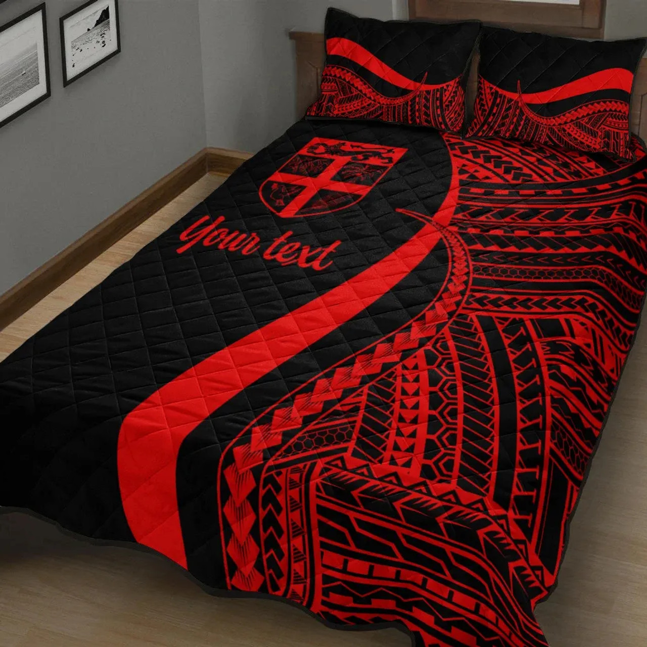 Fiji Custom Personalised Quilt Bet Set - Red Polynesian Tentacle Tribal Pattern 2