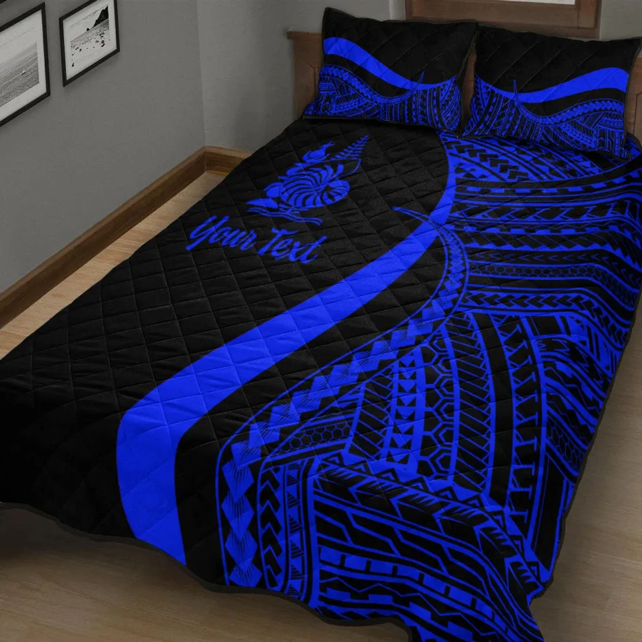 New Caledonia Custom Personalised Quilt Bet Set - Blue Polynesian Tentacle Tribal Pattern 2