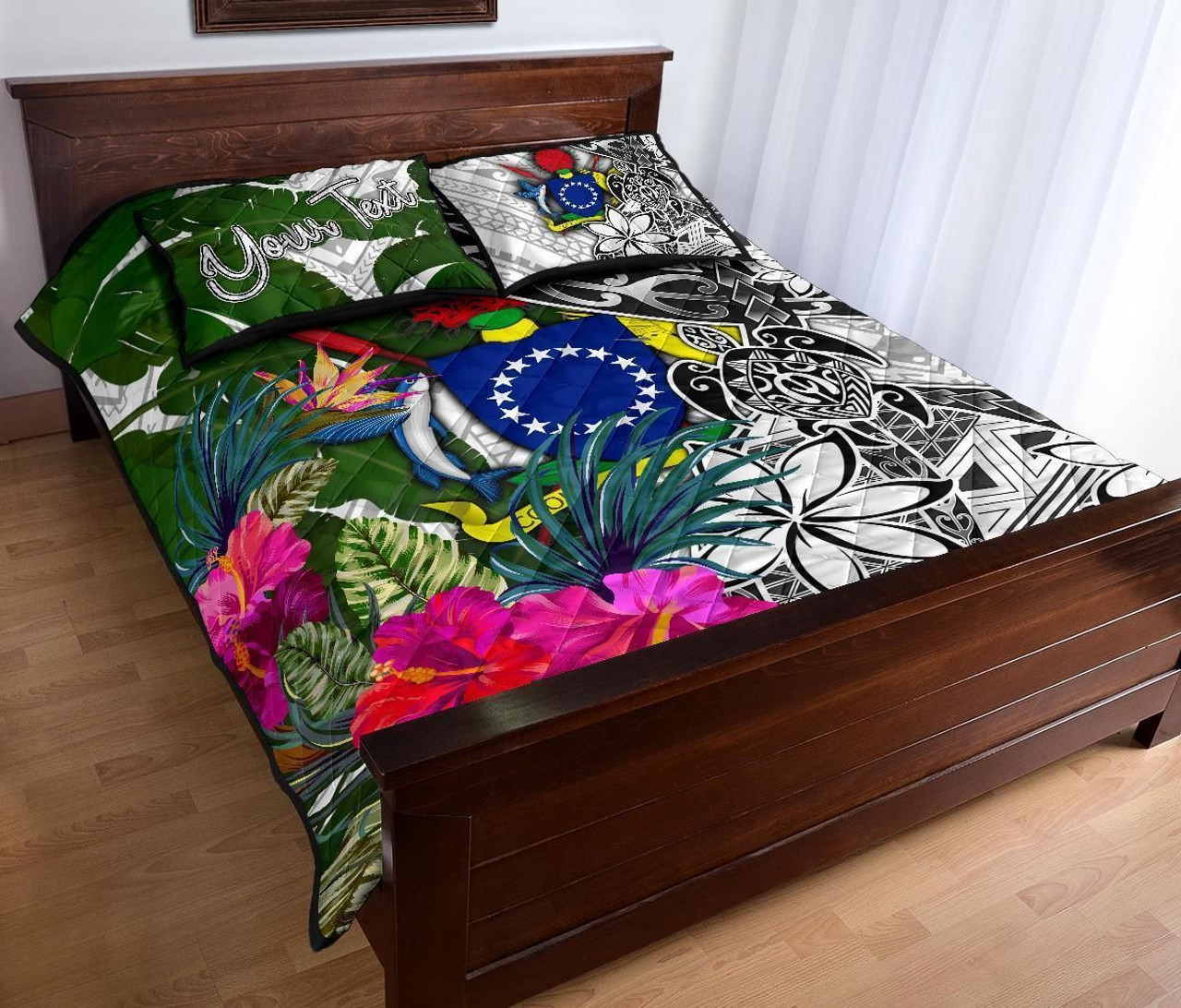 Cook Islands Custom Personalised Quilt Bet Set White - Turtle Plumeria Banana Leaf 3