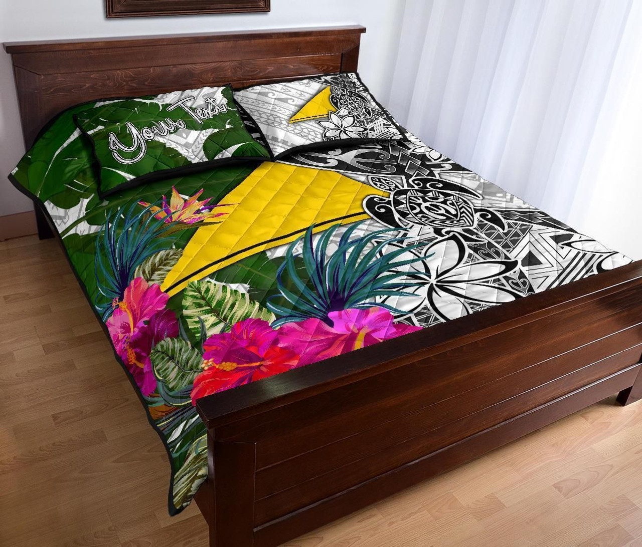 Tokelau Custom Personalised Quilt Bet Set White - Turtle Plumeria Banana Leaf 3