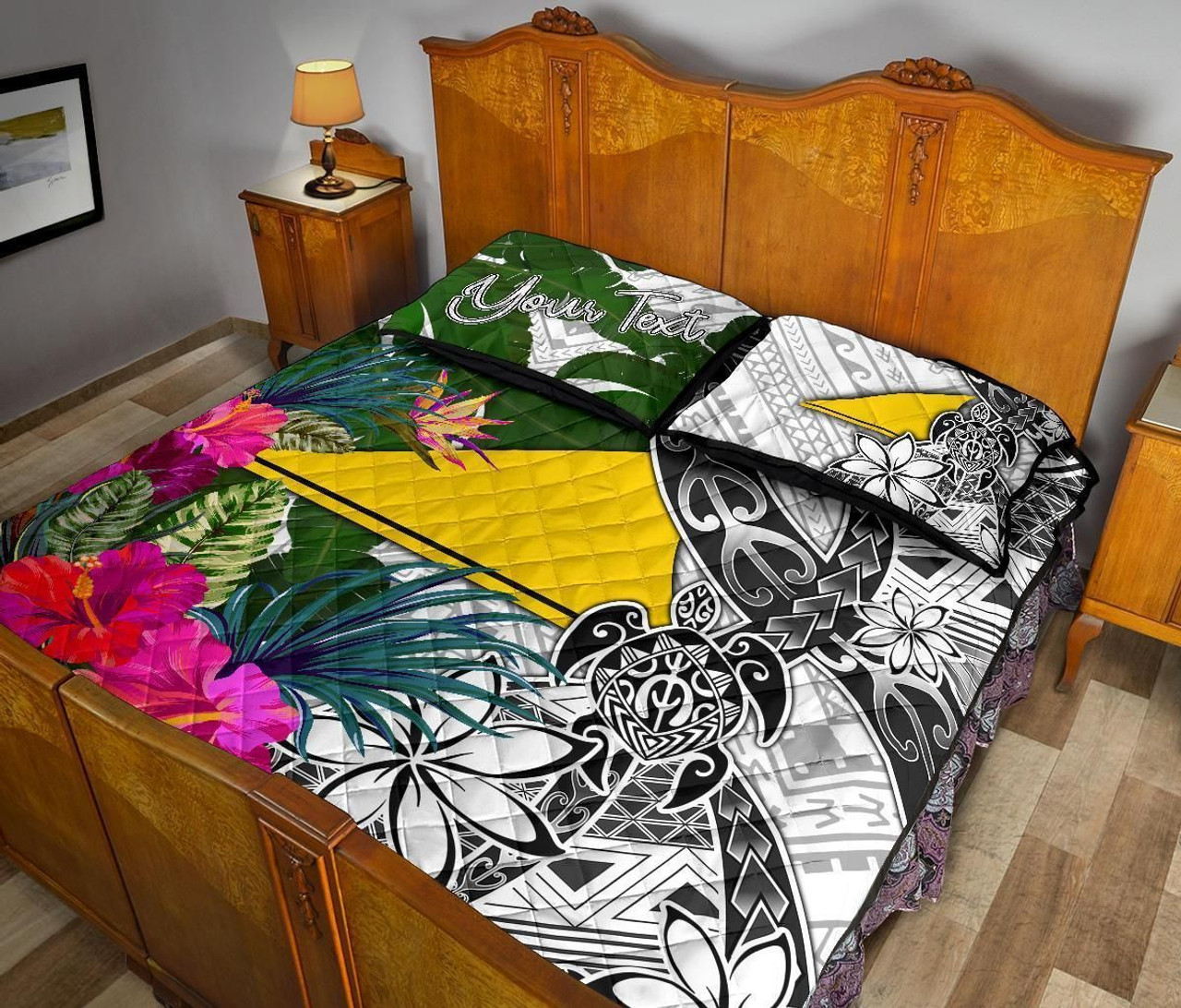 Tokelau Custom Personalised Quilt Bet Set White - Turtle Plumeria Banana Leaf 4