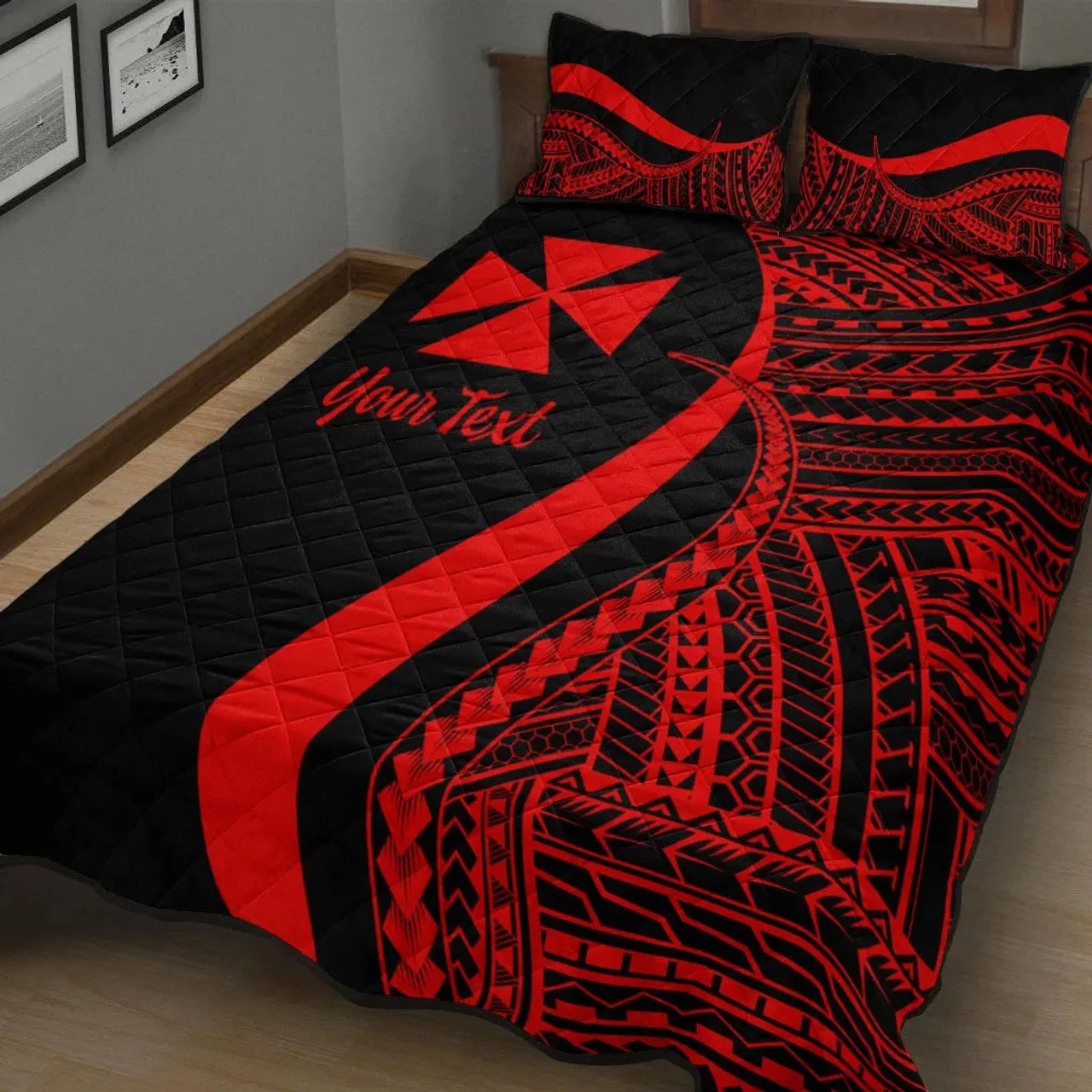 Wallis and Futuna Custom Personalised Quilt Bet Set - Red Polynesian Tentacle Tribal Pattern 2