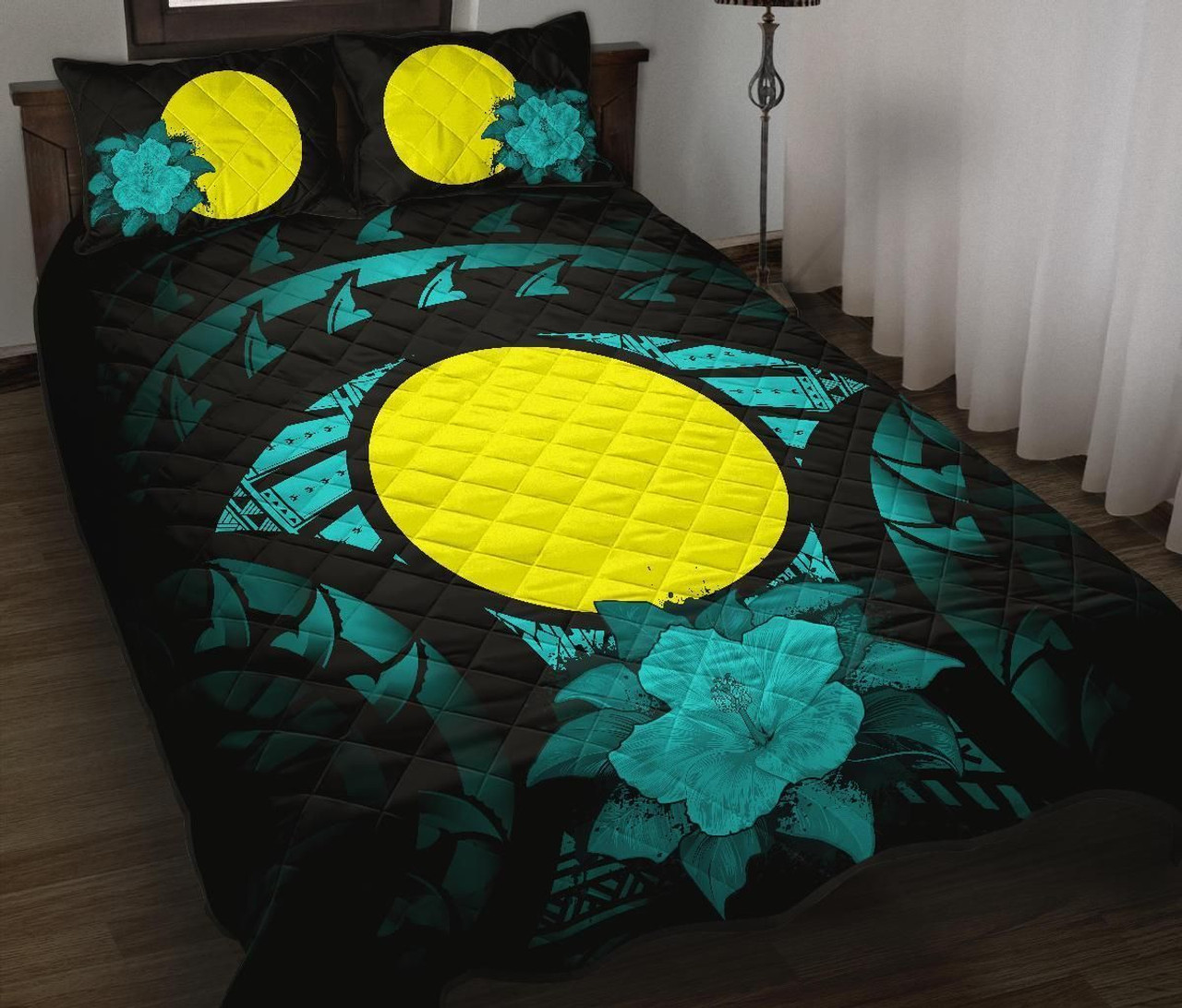 Palau Polynesian Quilt Bed Set Hibiscus Turquoise 1