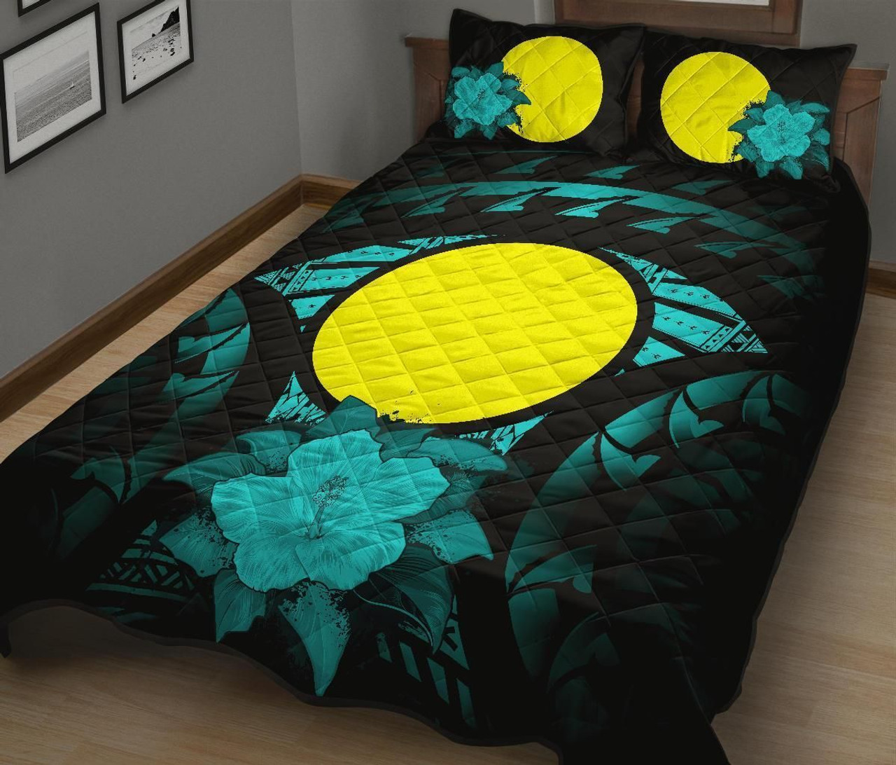 Palau Polynesian Quilt Bed Set Hibiscus Turquoise 2