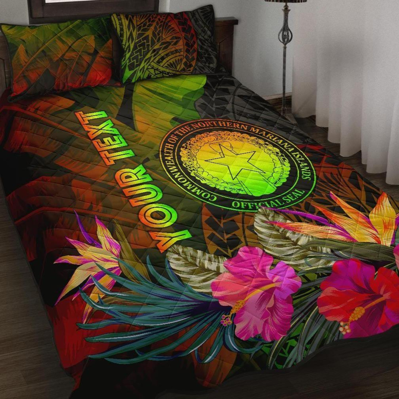 Northern Mariana Islands Personalised Quilt Bed Set - Hibiscus and Banana Leaves 1