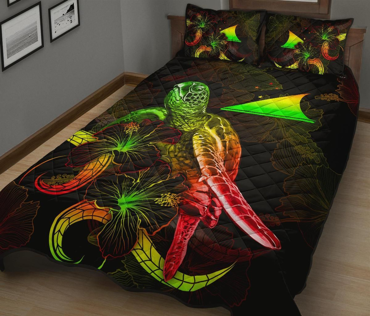 Tokelau Polynesian Quilt Bed Set - Turtle With Blooming Hibiscus Reggae 2
