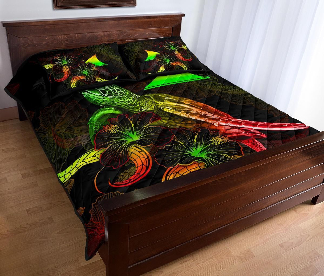 Tokelau Polynesian Quilt Bed Set - Turtle With Blooming Hibiscus Reggae 3