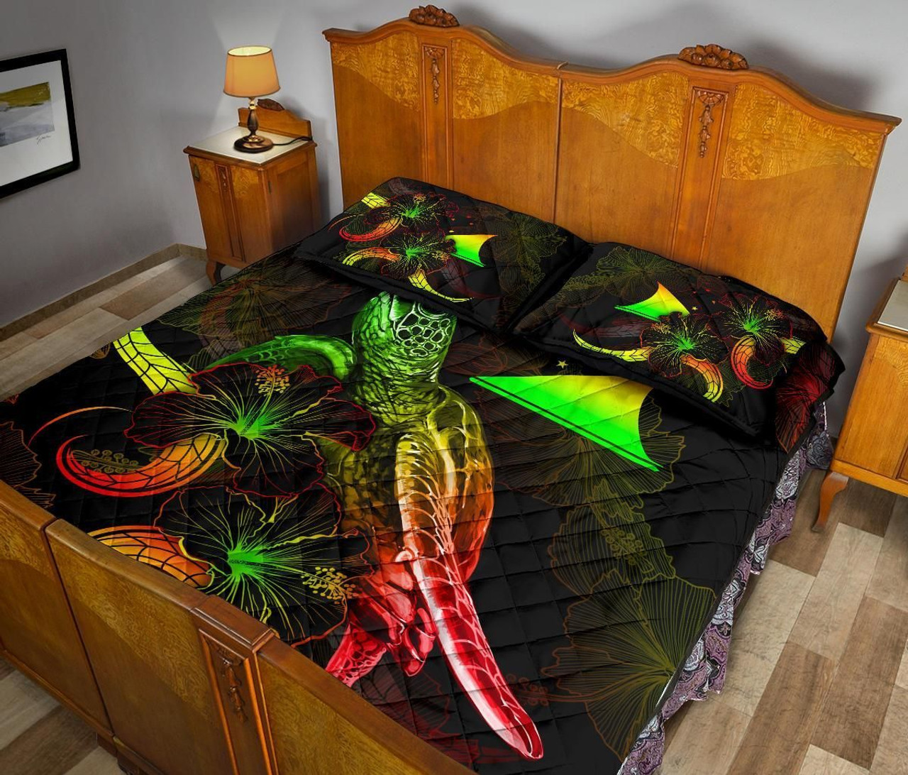 Tokelau Polynesian Quilt Bed Set - Turtle With Blooming Hibiscus Reggae 4