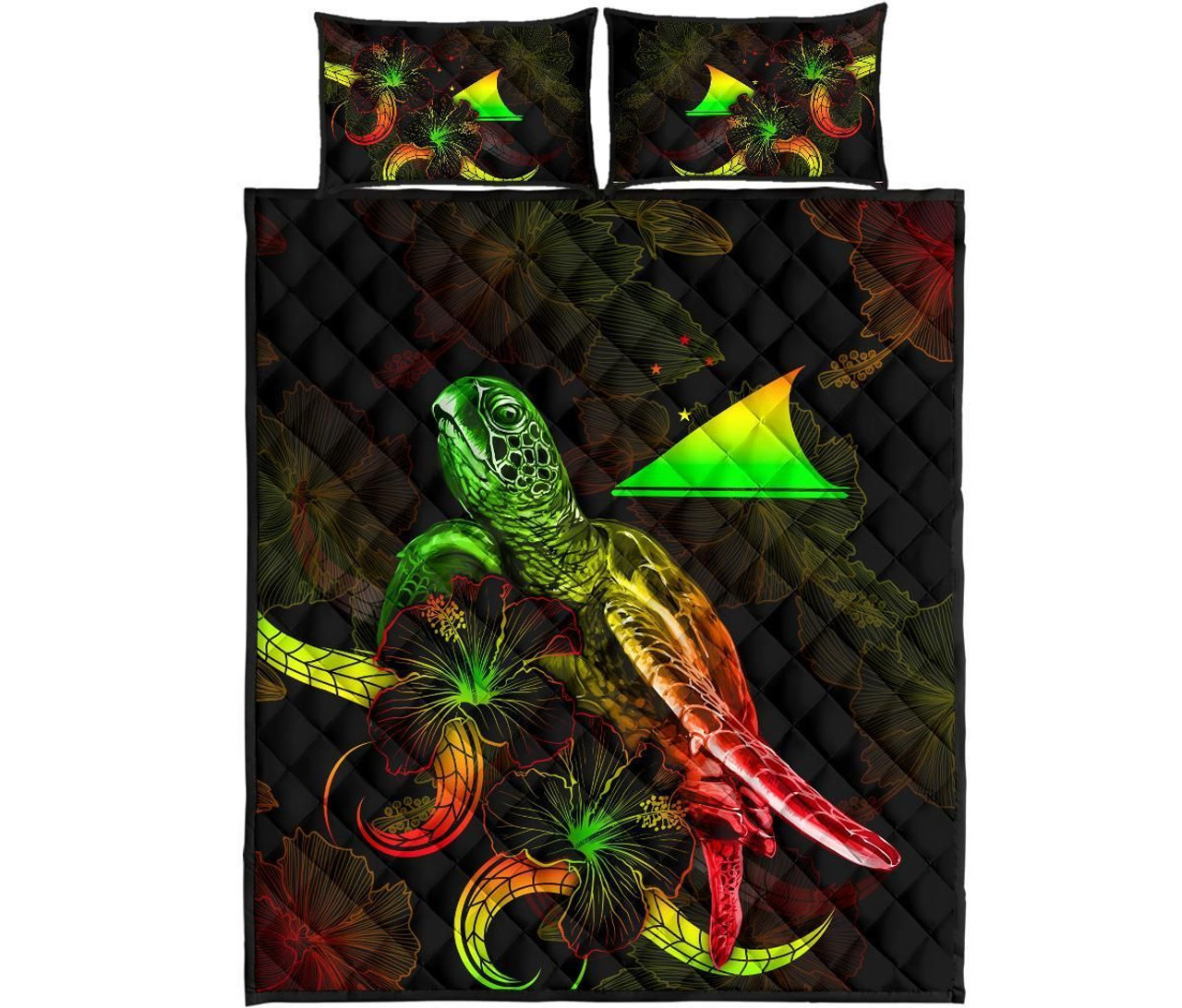 Tokelau Polynesian Quilt Bed Set - Turtle With Blooming Hibiscus Reggae 5