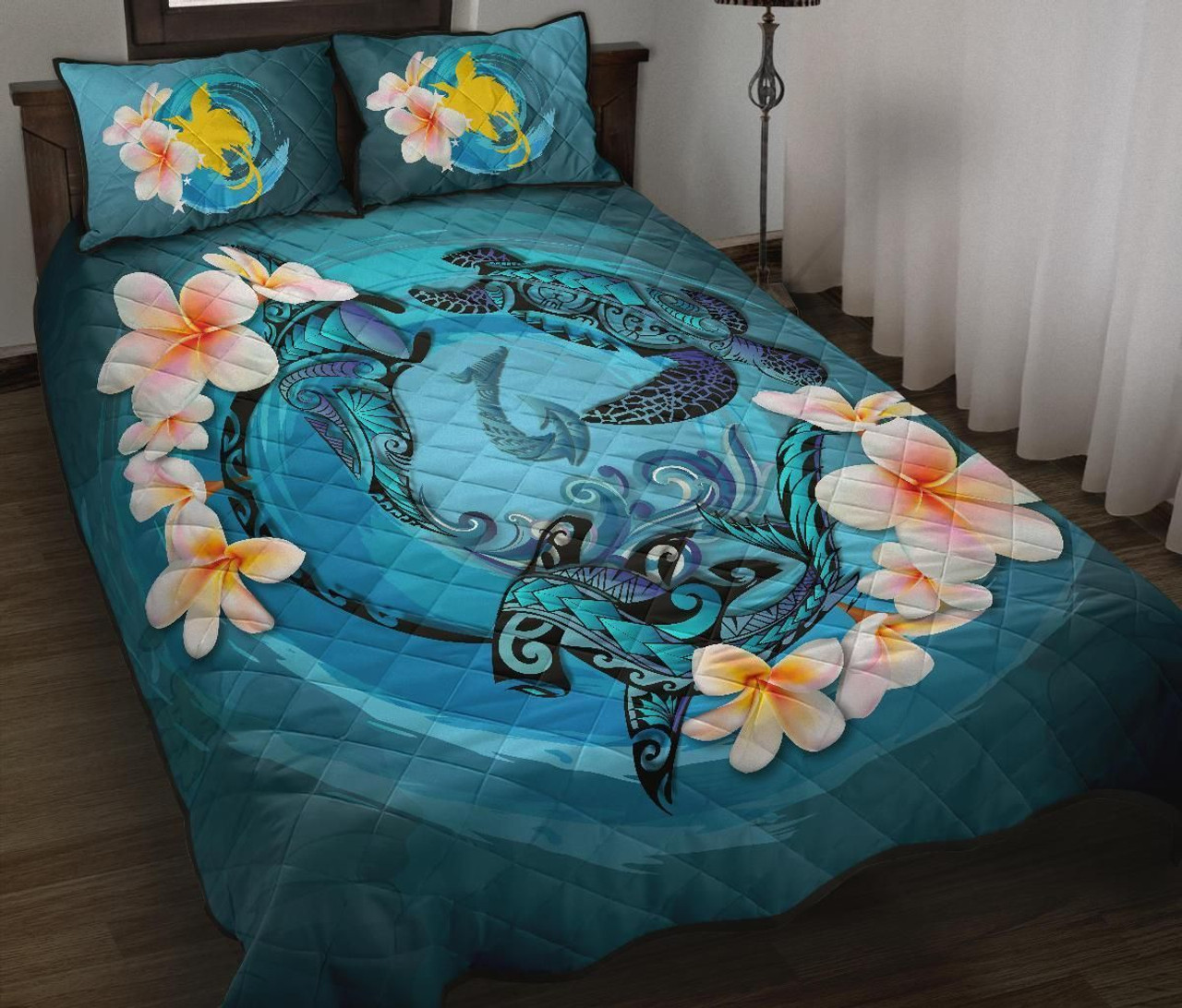 Papua New Guinea 3 Polynesian Quilt Bed Set - Blue Plumeria Animal Tattoo 1