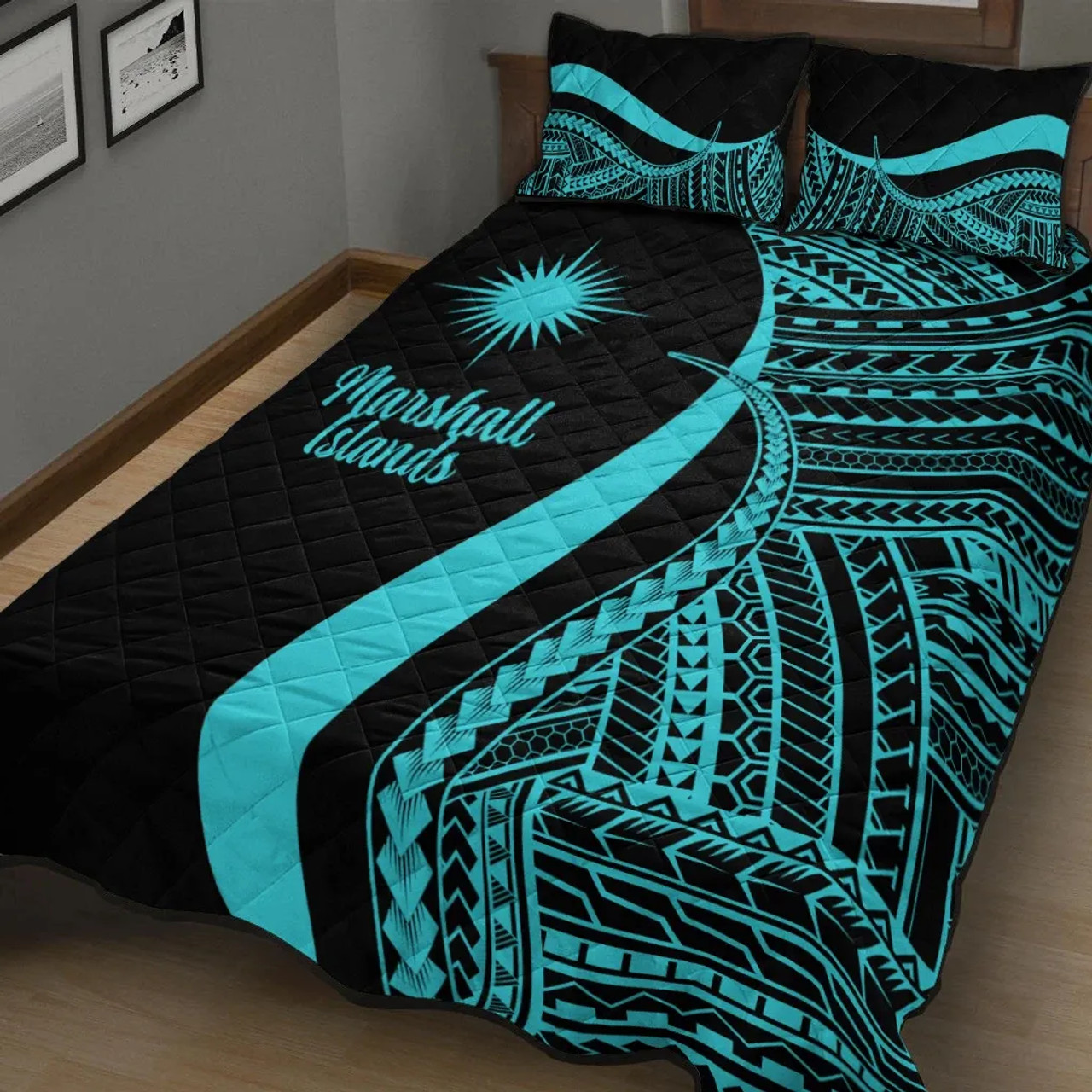 Marshall Islands Quilt Bet Set - Turquoise Polynesian Tentacle Tribal Pattern 2