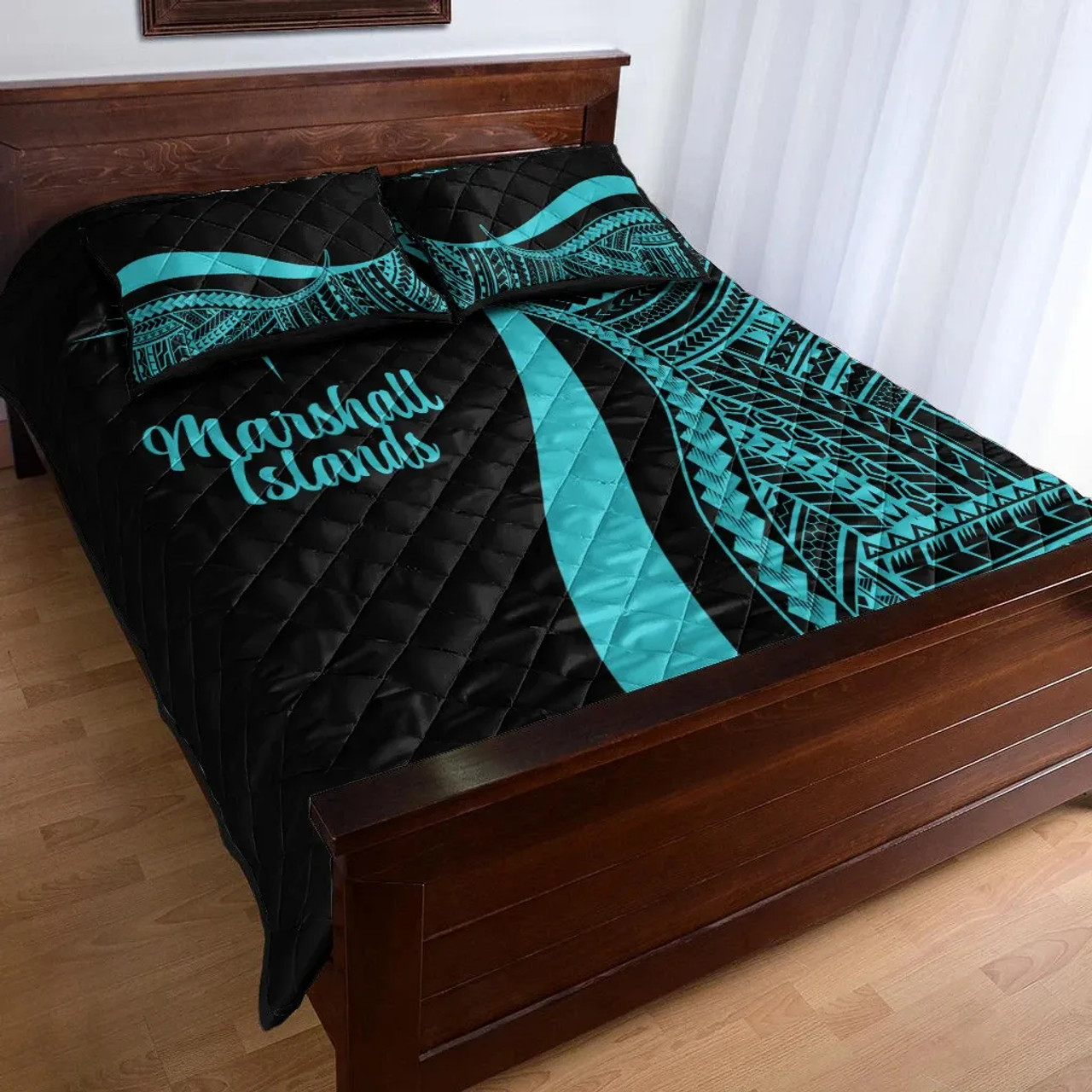 Marshall Islands Quilt Bet Set - Turquoise Polynesian Tentacle Tribal Pattern 3
