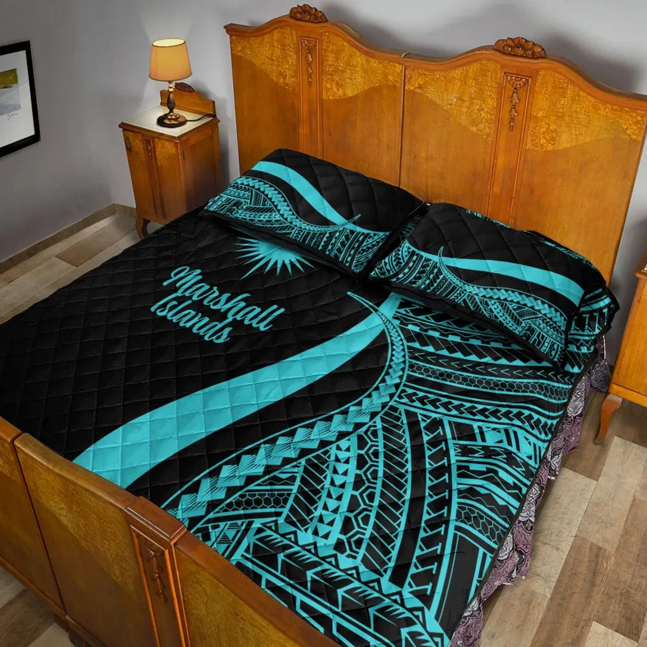 Marshall Islands Quilt Bet Set - Turquoise Polynesian Tentacle Tribal Pattern 4