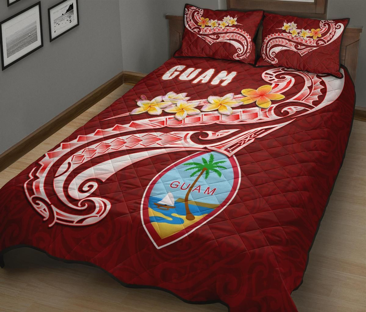 Guam Quilt Bed Set - Guam Seal Polynesian Patterns Plumeria (Red) 2
