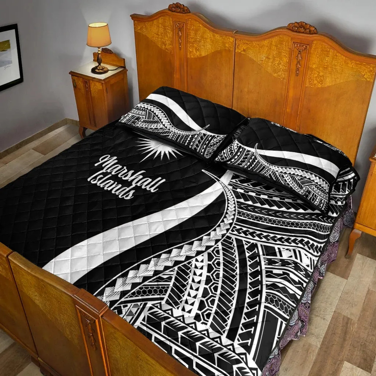 Marshall Islands Quilt Bet Set - White Polynesian Tentacle Tribal Pattern 4