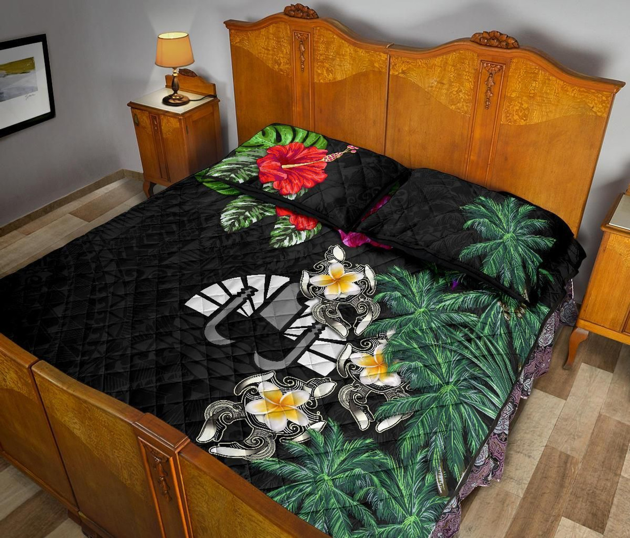 Tahiti Polynesian Quilt Bed Set - Hibiscus Turtle Tattoo Black 5