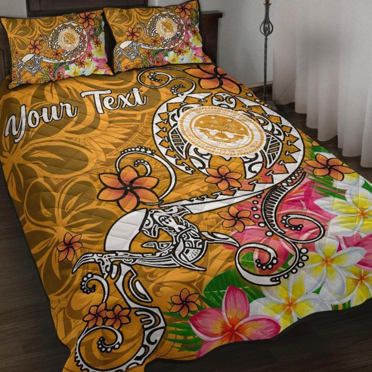 FSM Custom Personalised Quilt Bed Set - Turtle Plumeria (Gold) 1