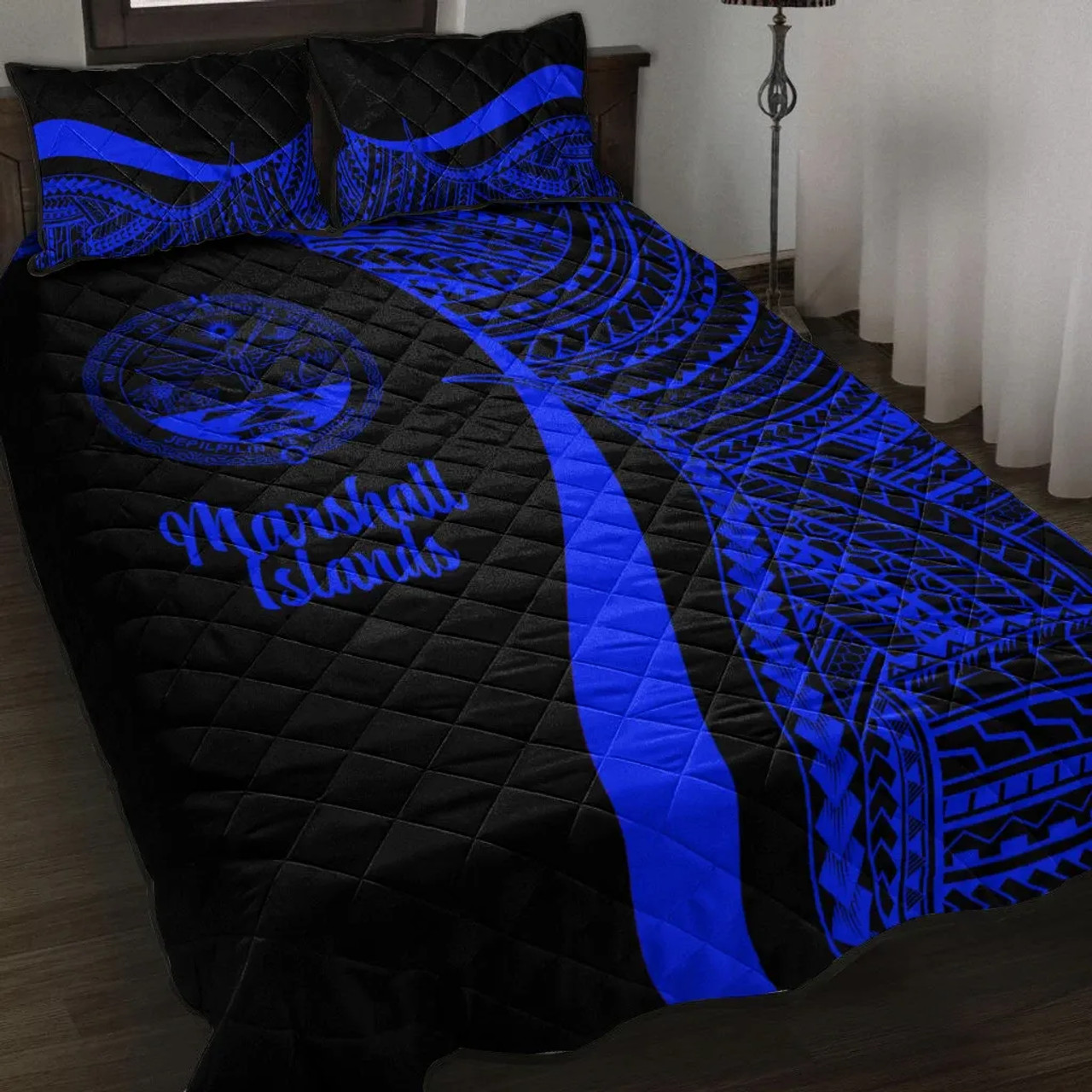Marshall Islands Quilt Bet Set - Blue Polynesian Tentacle Tribal Pattern Crest 1