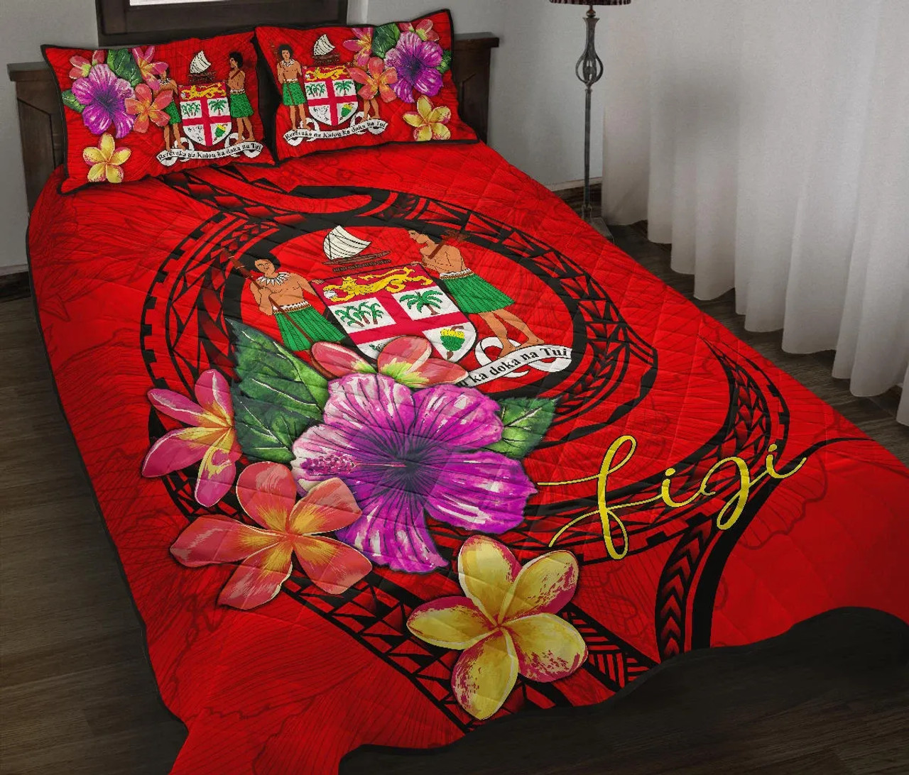 Fiji Polynesian Quilt Bed Set - Floral With Seal Red 1