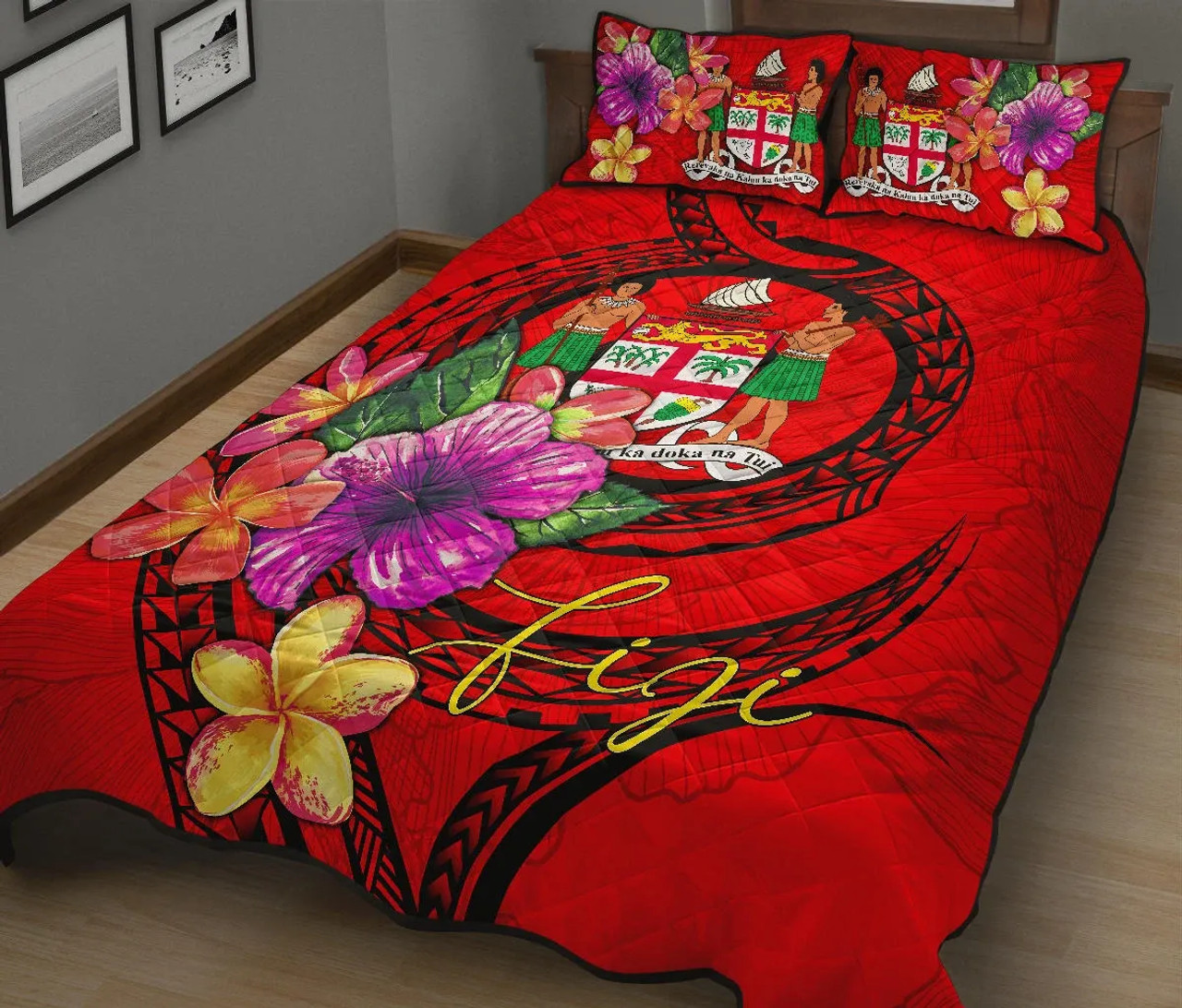 Fiji Polynesian Quilt Bed Set - Floral With Seal Red 2