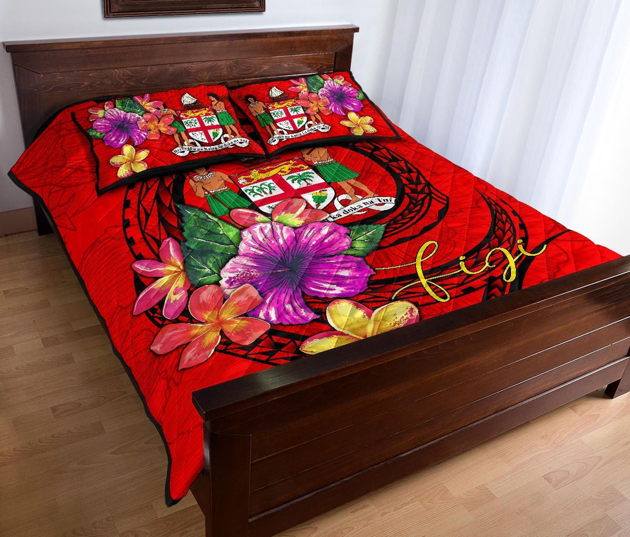 Fiji Polynesian Quilt Bed Set - Floral With Seal Red 3