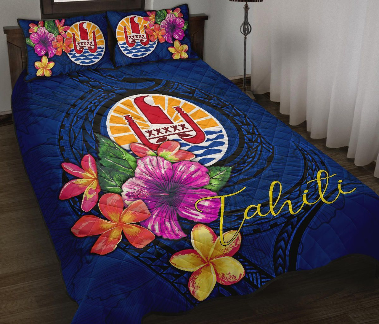 Tahiti Polynesian Quilt Bed Set - Floral With Seal Blue 1