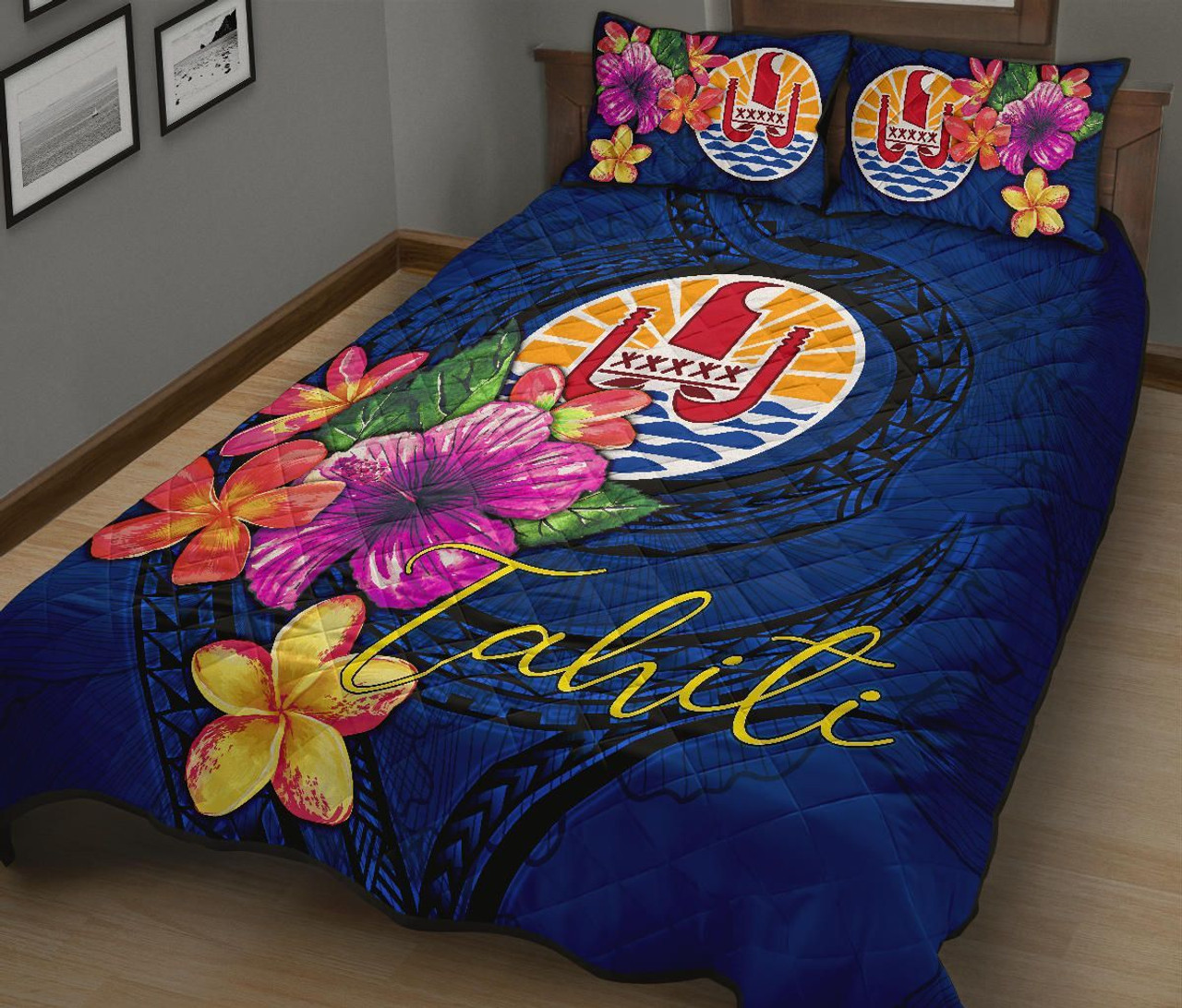 Tahiti Polynesian Quilt Bed Set - Floral With Seal Blue 2