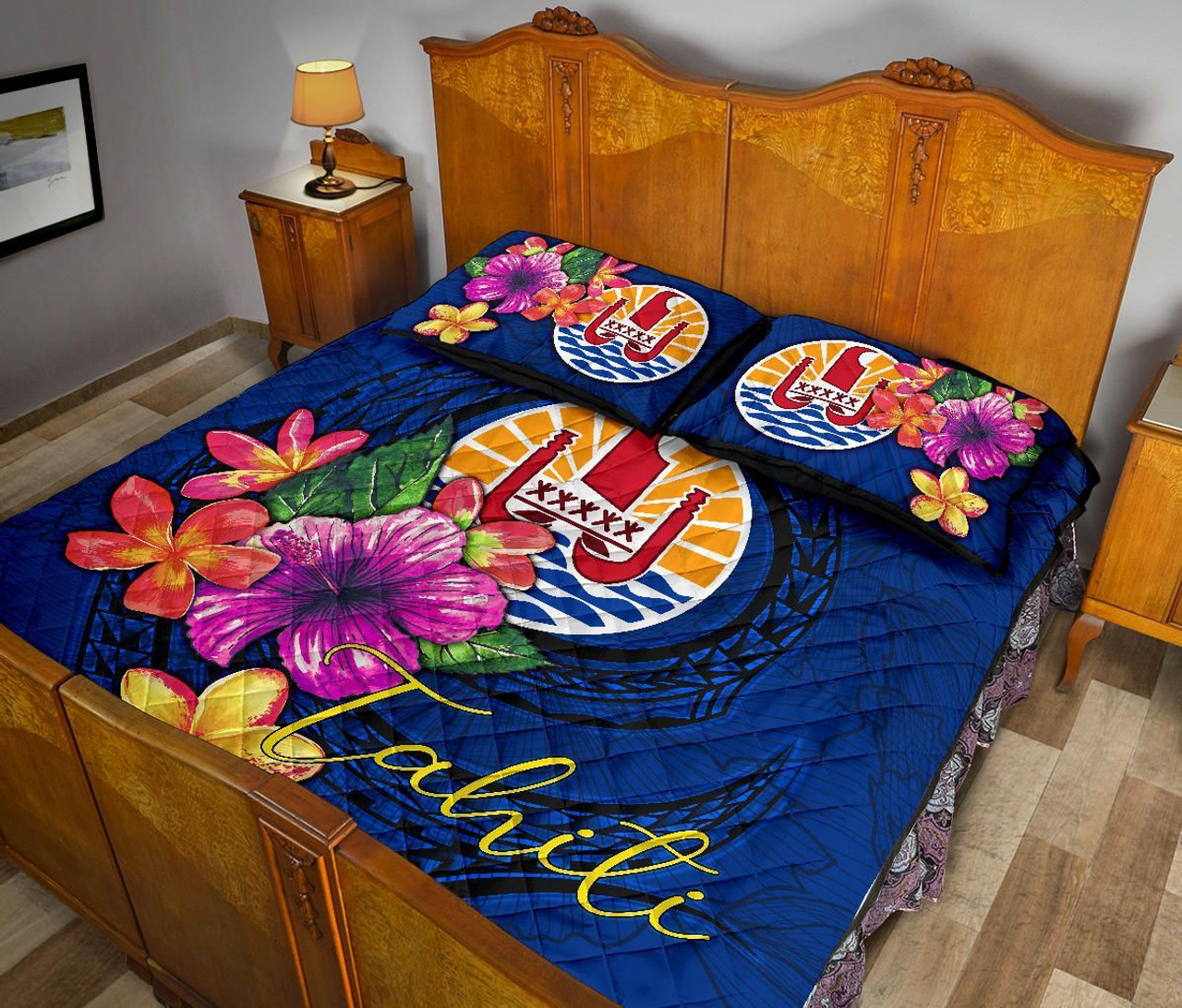 Tahiti Polynesian Quilt Bed Set - Floral With Seal Blue 4
