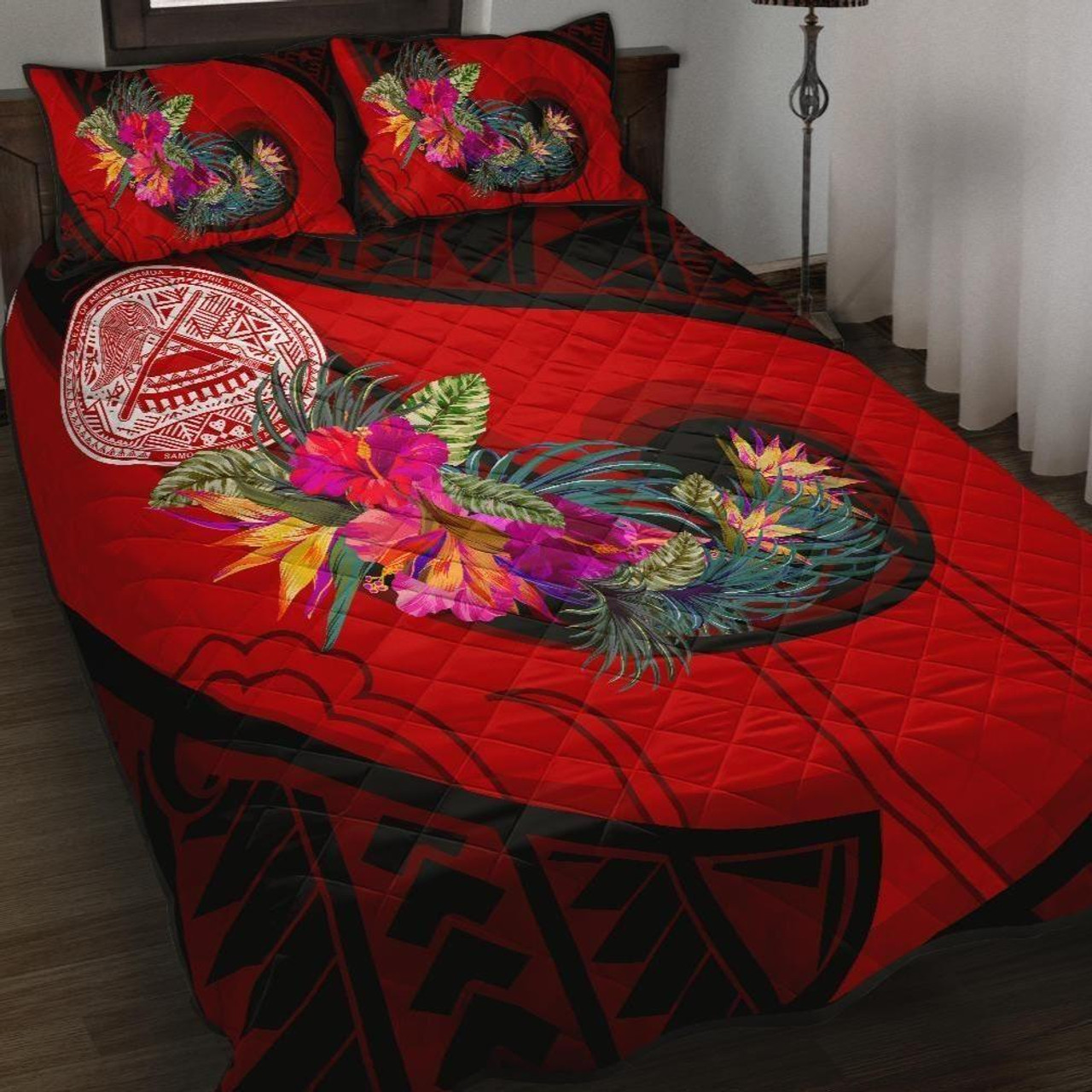 American Samoa Quilt Bed Set - Polynesian Hook And Hibiscus (Red) 1