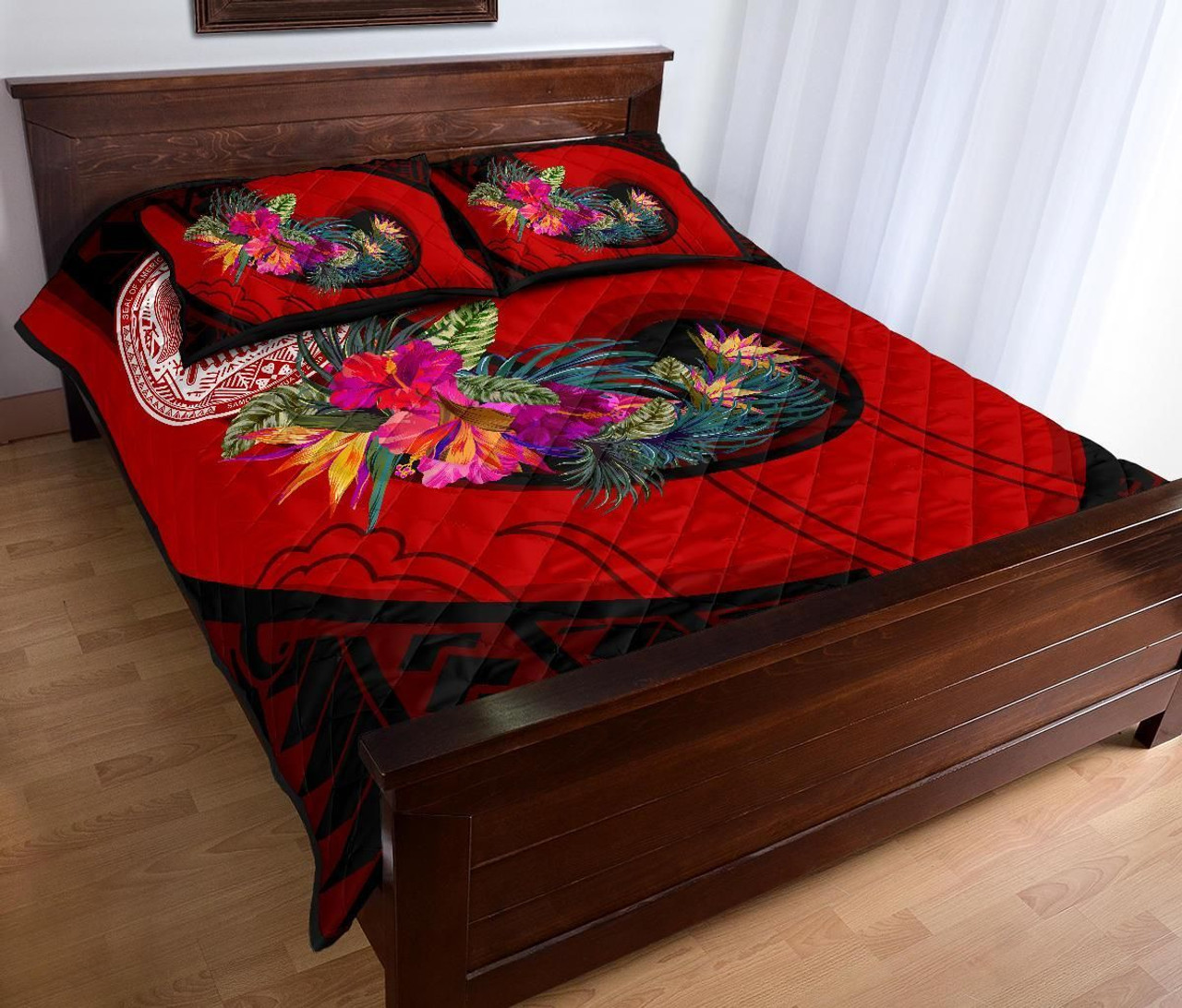 American Samoa Quilt Bed Set - Polynesian Hook And Hibiscus (Red) 3