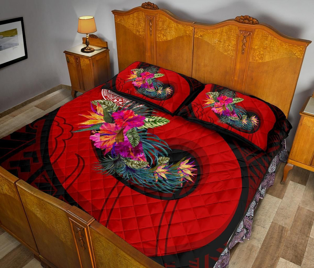 American Samoa Quilt Bed Set - Polynesian Hook And Hibiscus (Red) 4