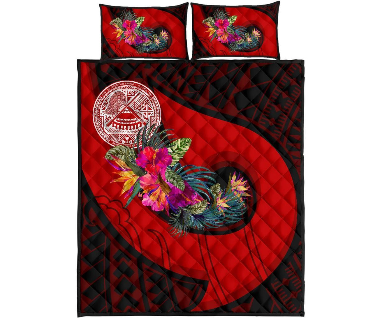 American Samoa Quilt Bed Set - Polynesian Hook And Hibiscus (Red) 5