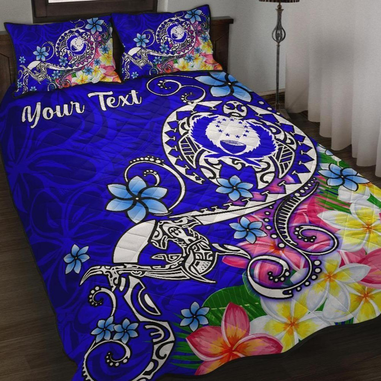 Pohnpei Custom Personalised Quilt Bed Set- Turtle Plumeria (Blue) 1